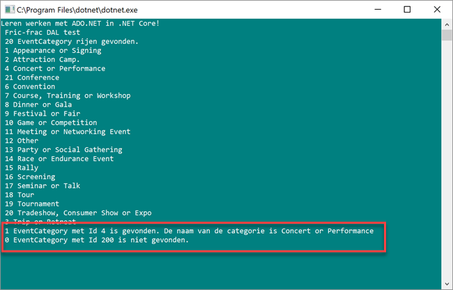 Visual Studio Result Test ADO.NET DAL ReadOne